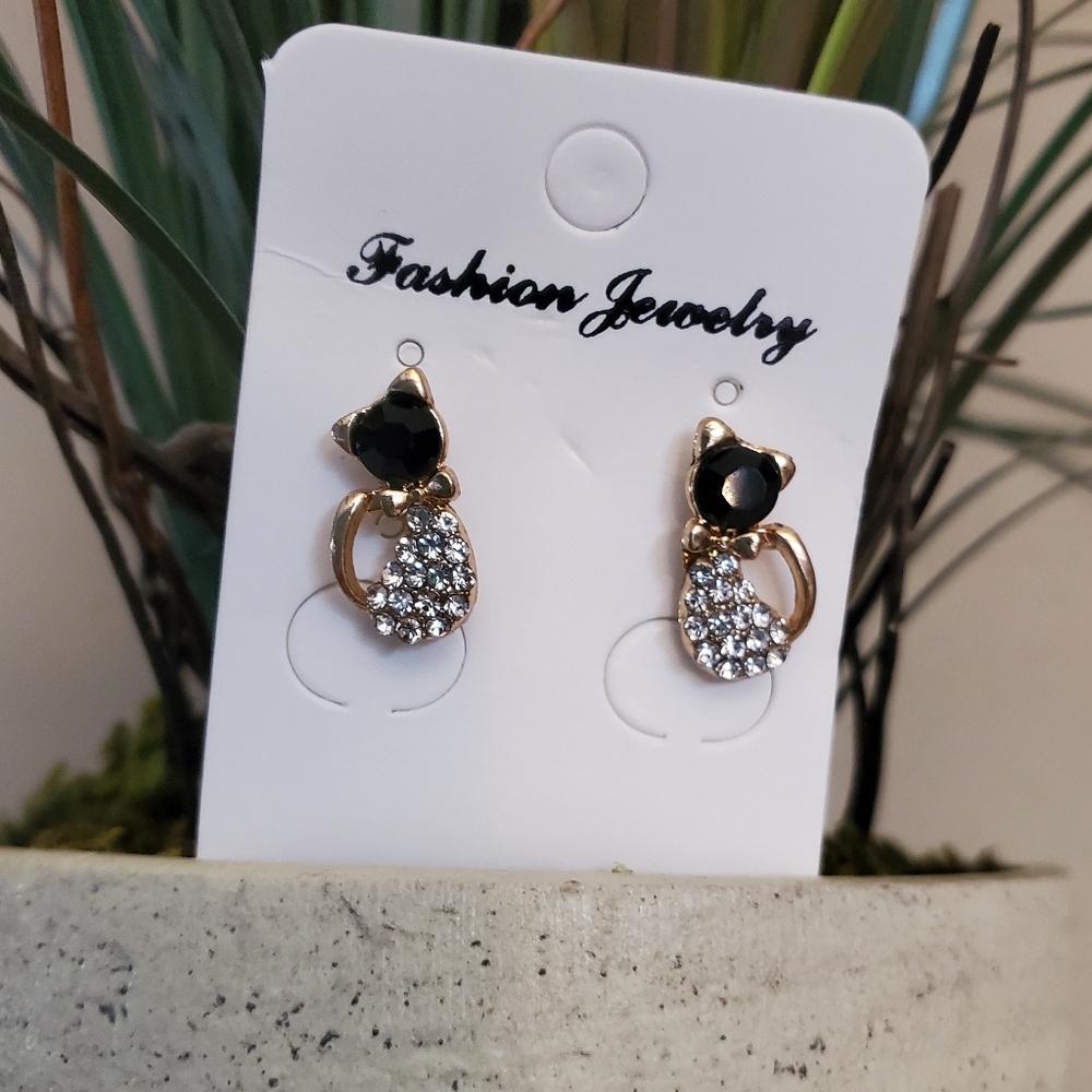 Gold Tone Crystal Cat Stud Earrings